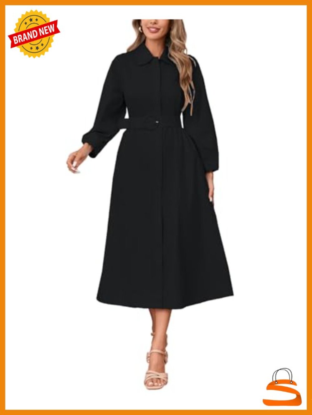 Womens 100% Cotton Button Down Midi Shirt Dress Long Sleeve Collared